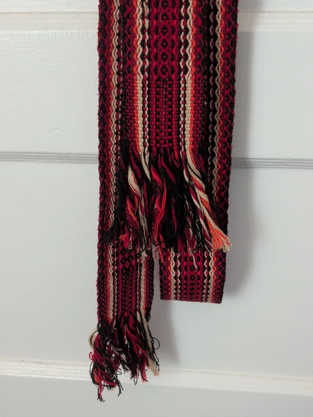 Red Sash 1970's Handwoven Black Striped Scarf Belt Fringe 82
